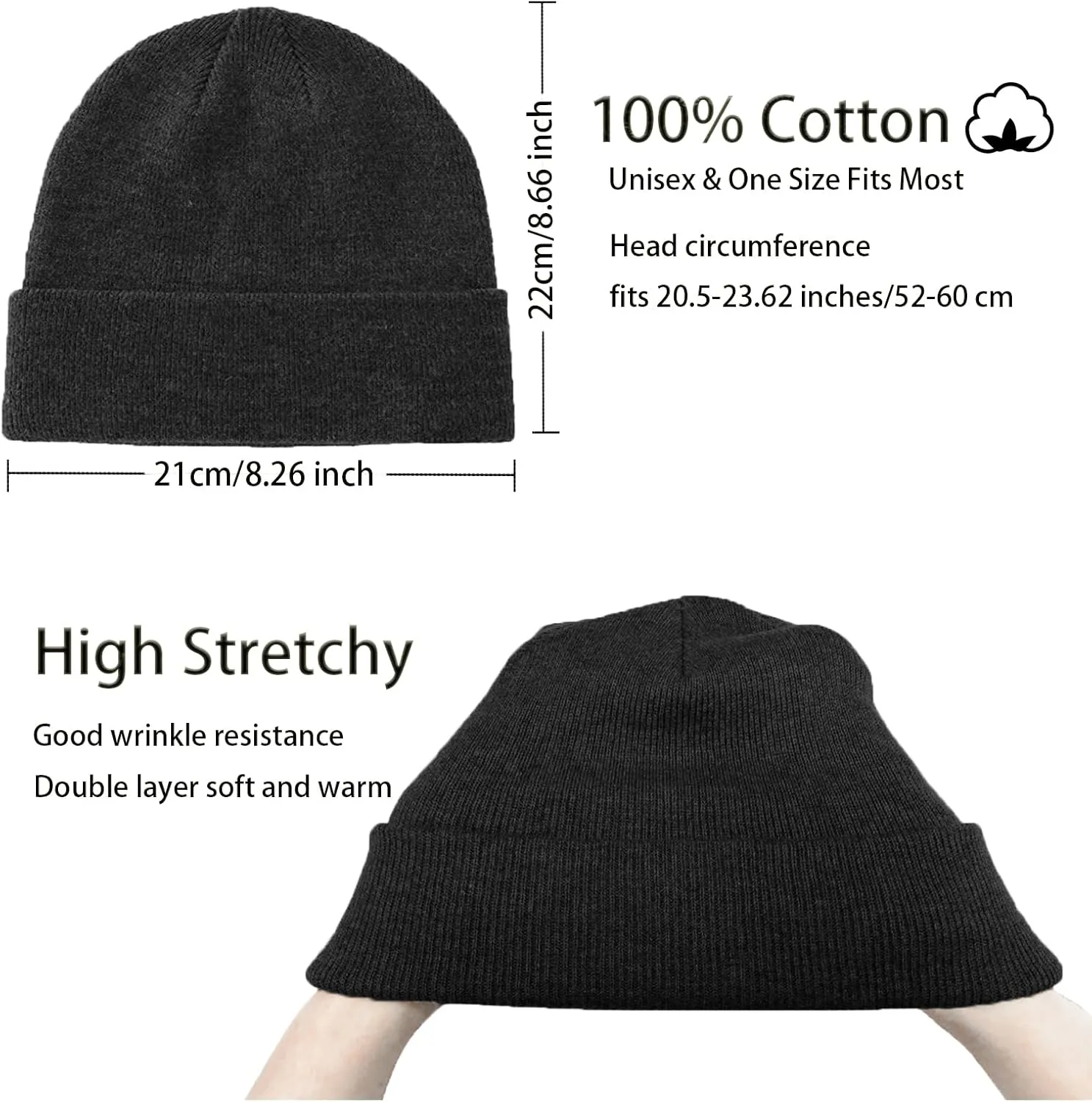 100% Cotton Beanie Hats for Women Men Winter Soft Warm Knit Cuffed Hats Fisherman Beanie Skull Cap Unisex