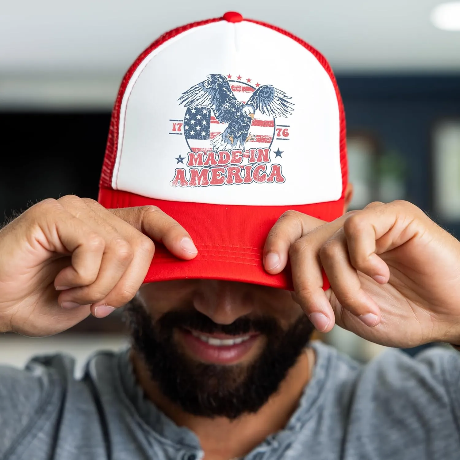 1776 Made in America Patriotic Eagle Hat Classic 5 Panel Foam Front Mesh Snap Back Trucker Hat