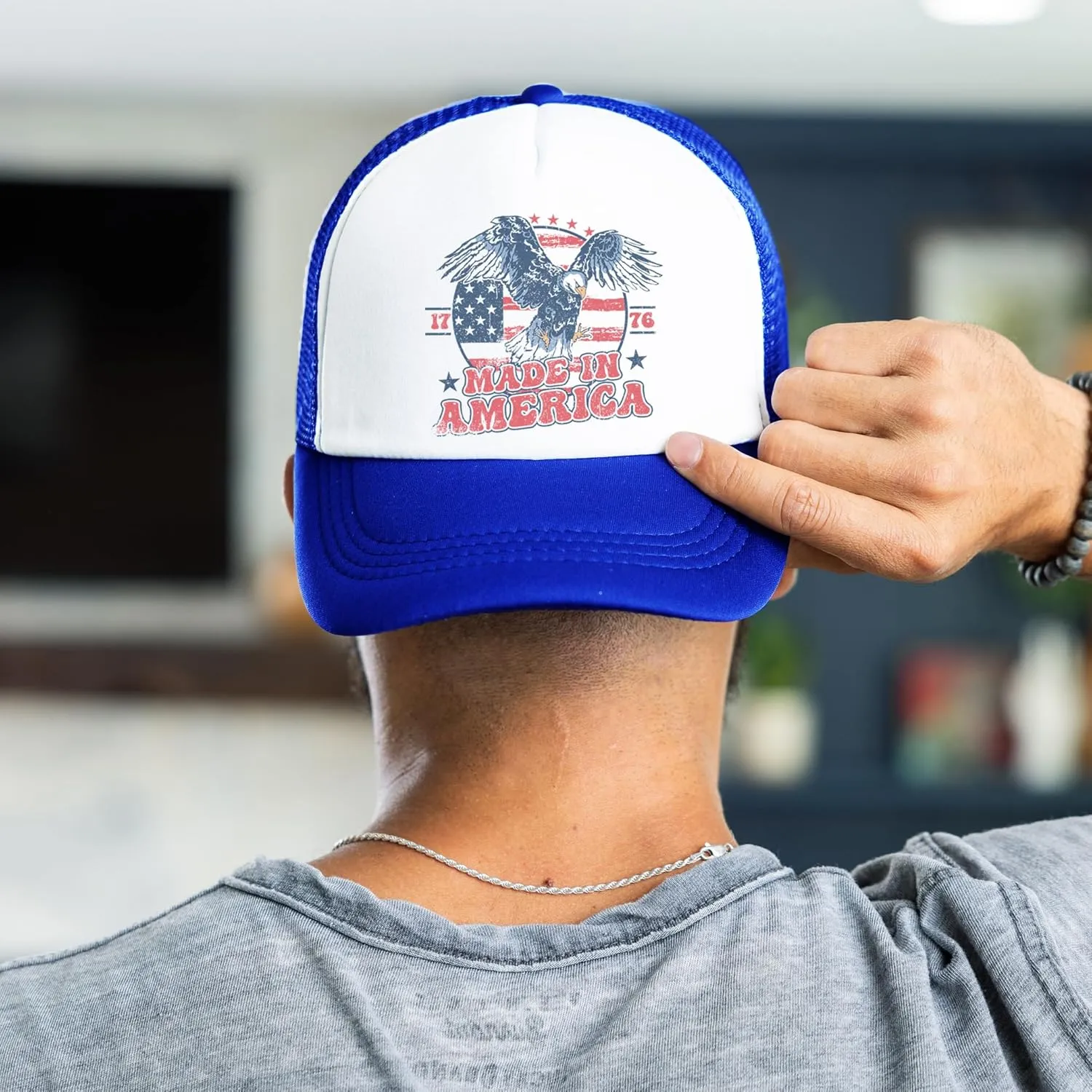 1776 Made in America Patriotic Eagle Hat Classic 5 Panel Foam Front Mesh Snap Back Trucker Hat