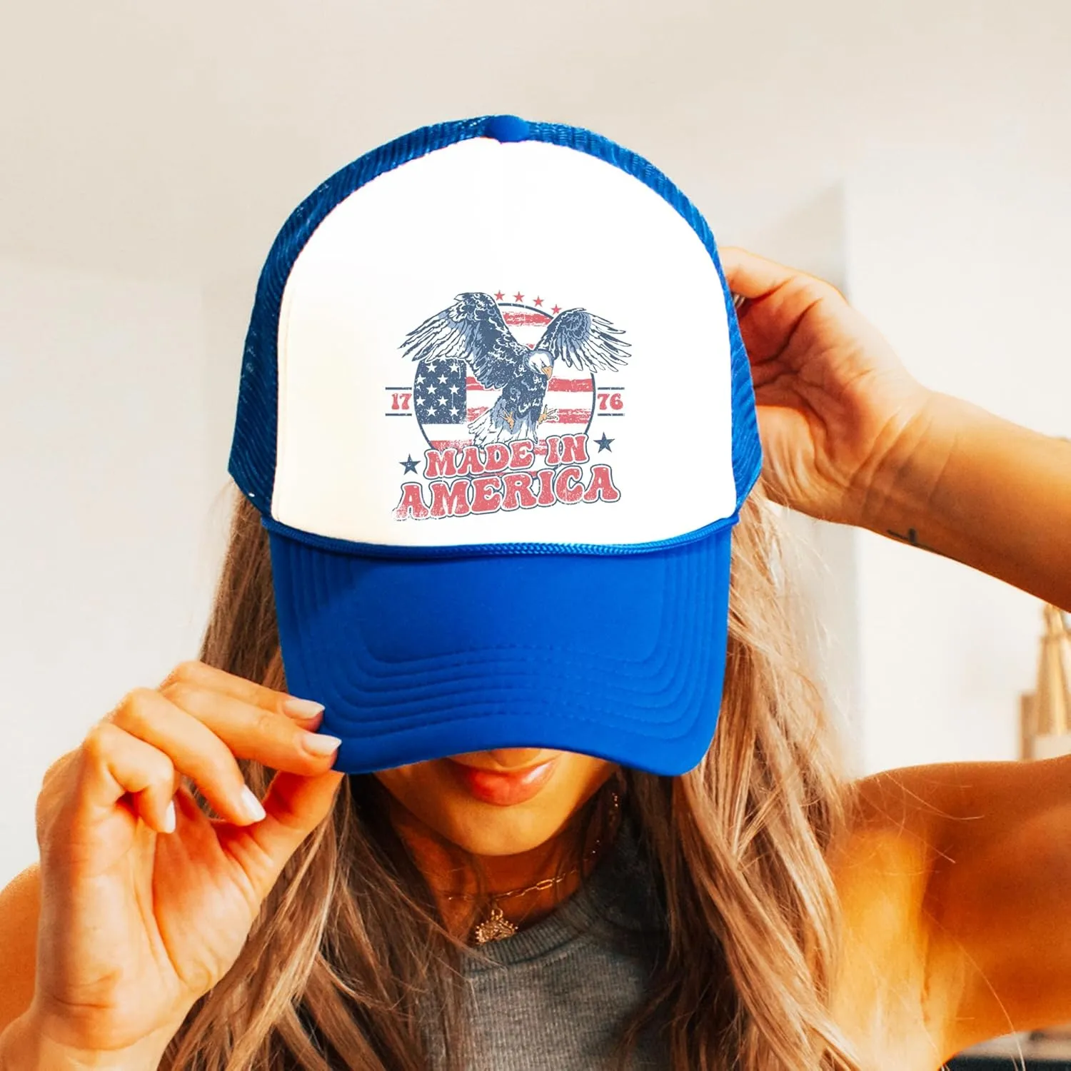 1776 Made in America Patriotic Eagle Hat Classic 5 Panel Foam Front Mesh Snap Back Trucker Hat