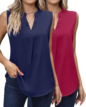 2 Pack Women's Sleeveless Tank Tops, Chiffon Sparkly V Neck Pleated Blouses Loose Fit Tunic Top Dressy Casual Shirt