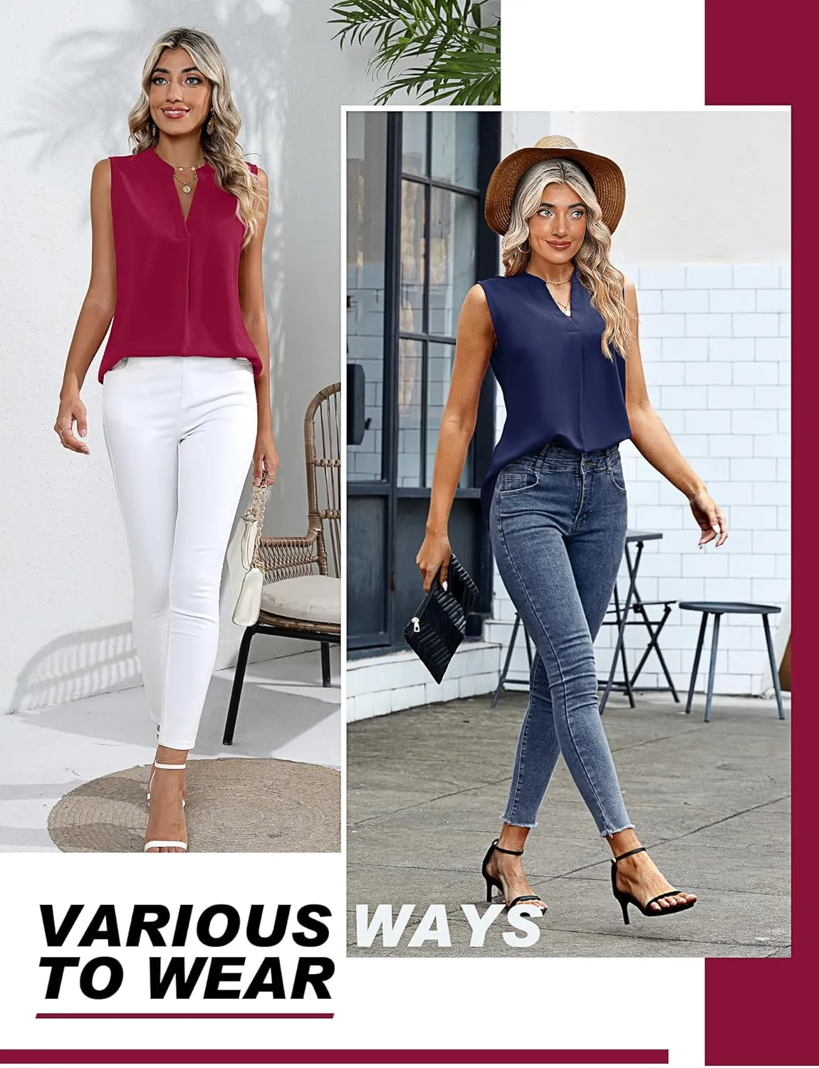 2 Pack Women's Sleeveless Tank Tops, Chiffon Sparkly V Neck Pleated Blouses Loose Fit Tunic Top Dressy Casual Shirt