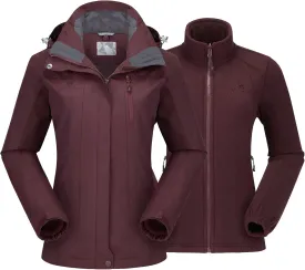 CAMEL CROWN Women's Ski Jacket Waterproof 3 in 1 Winter Jacket Windproof Warm Fleece Hooded Snowboard Mountain Snow Coat