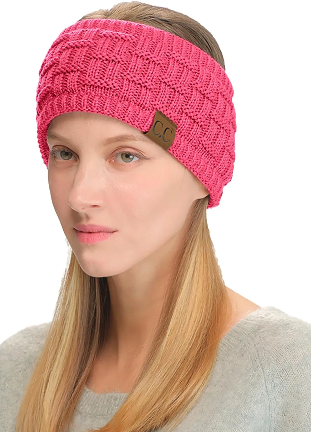 C.C Exclusives Womens Head Wrap Sherpa Fuzzy Fleece Lined Headbands Stretch Knit Ear Warmer (Candy Pink)
