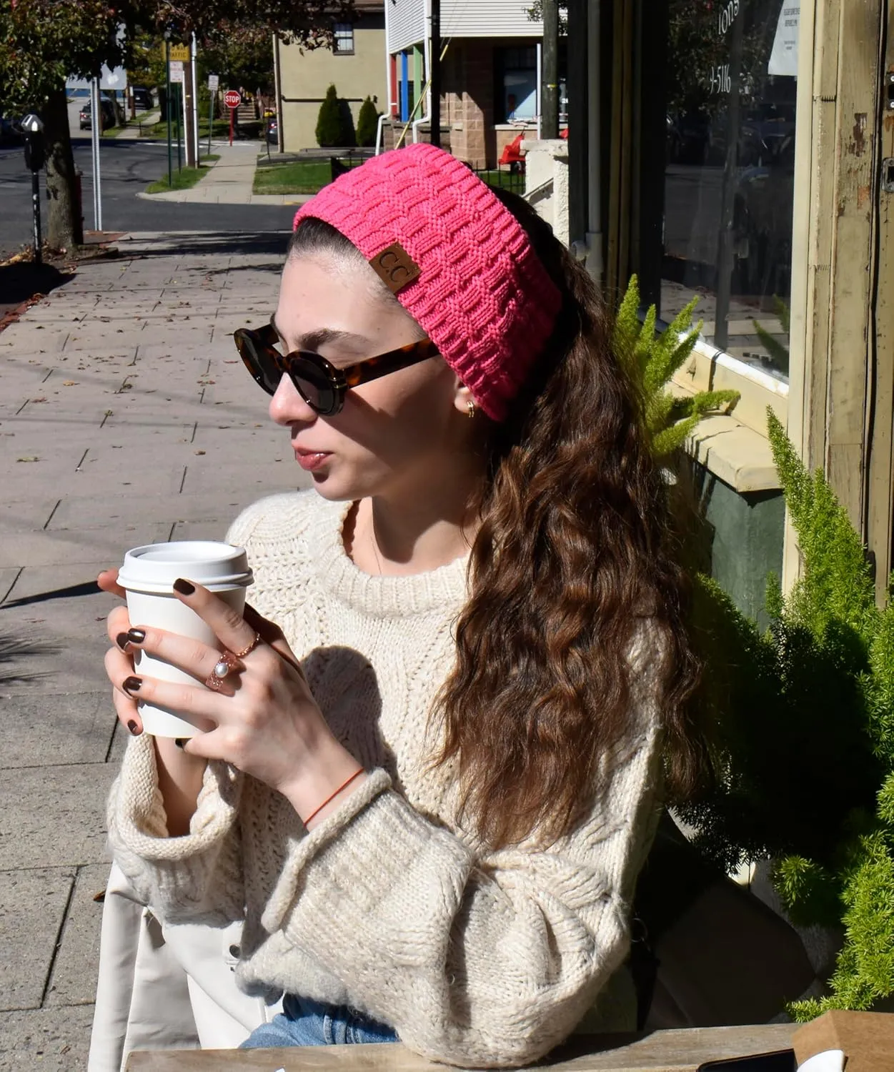 C.C Exclusives Womens Head Wrap Sherpa Fuzzy Fleece Lined Headbands Stretch Knit Ear Warmer (Candy Pink)