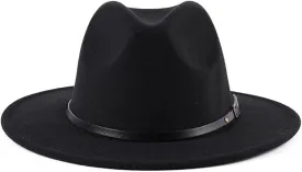 Classic Fashion Black Wide Brim Felt Fedora Panama Hat with Belt Buckle for Unisex