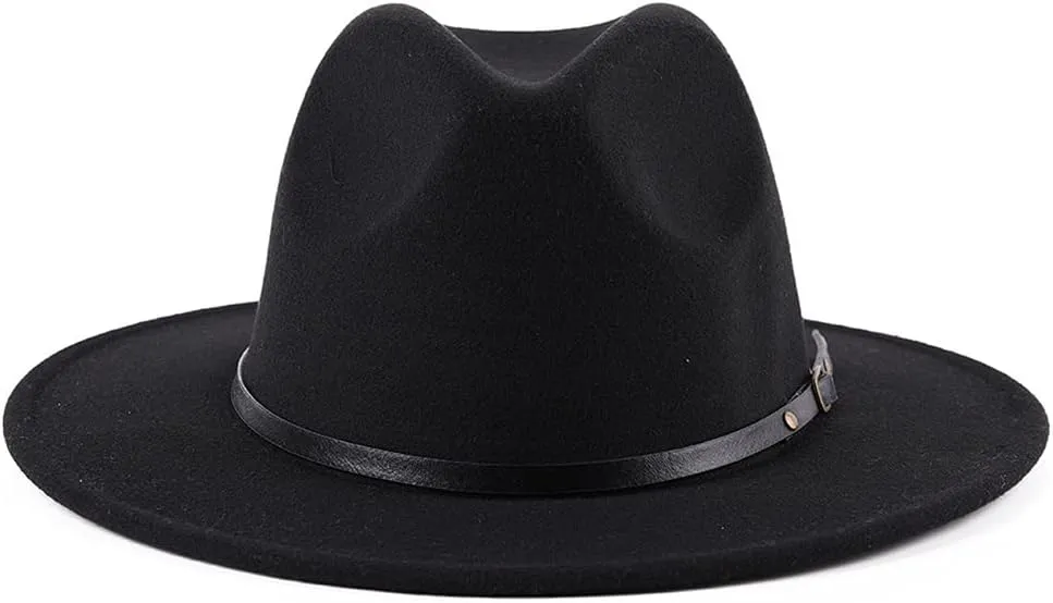 Classic Fashion Black Wide Brim Felt Fedora Panama Hat with Belt Buckle for Unisex
