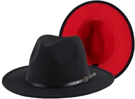 Classic Fedora Hat Wide Brim Two Tone Felt Panama Hat with Belt Buckle for Women Men Black