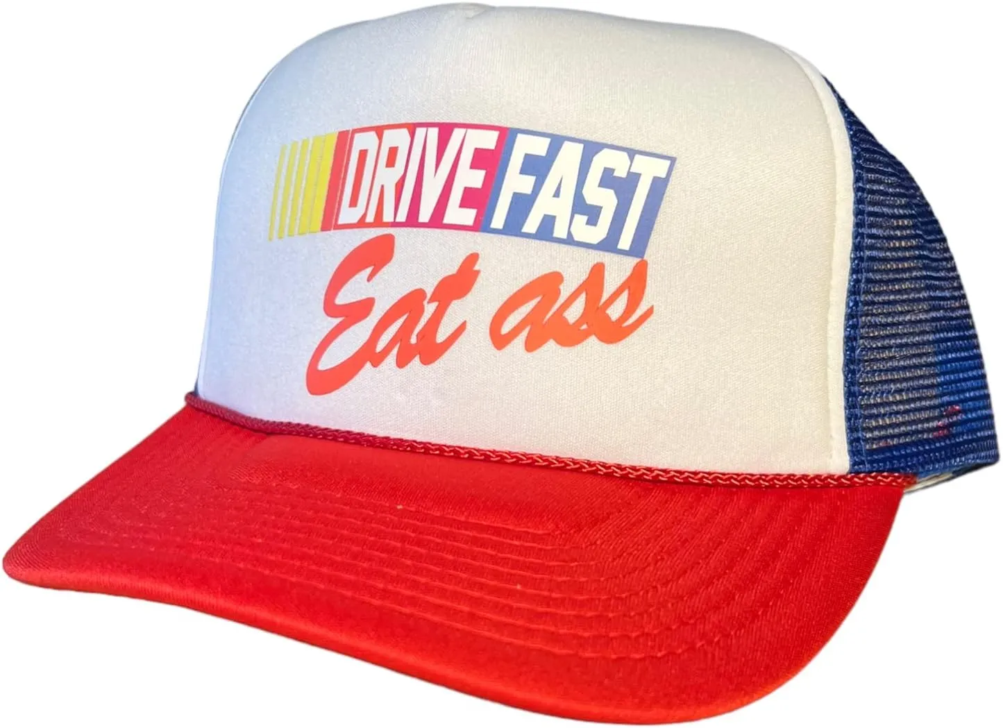 Drive Fast Eat Ass Hat Snapback Trucker Hat for Men or Women, Vintage Fit with Funny Novelty Graphic, Custom Mesh Hat