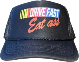 Drive Fast Eat Ass Hat Snapback Trucker Hat for Men or Women, Vintage Fit with Funny Novelty Graphic, Custom Mesh Hat