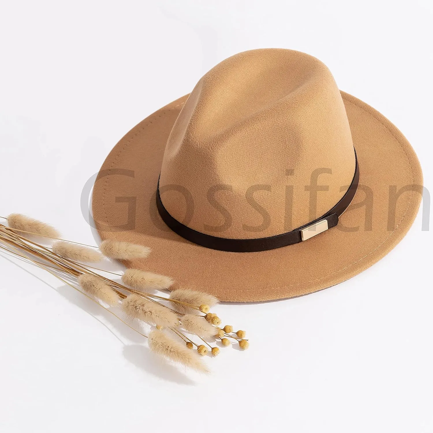 Gossifan Fedora Hats for Men Wide Brim Panama Hat with Classic Belt