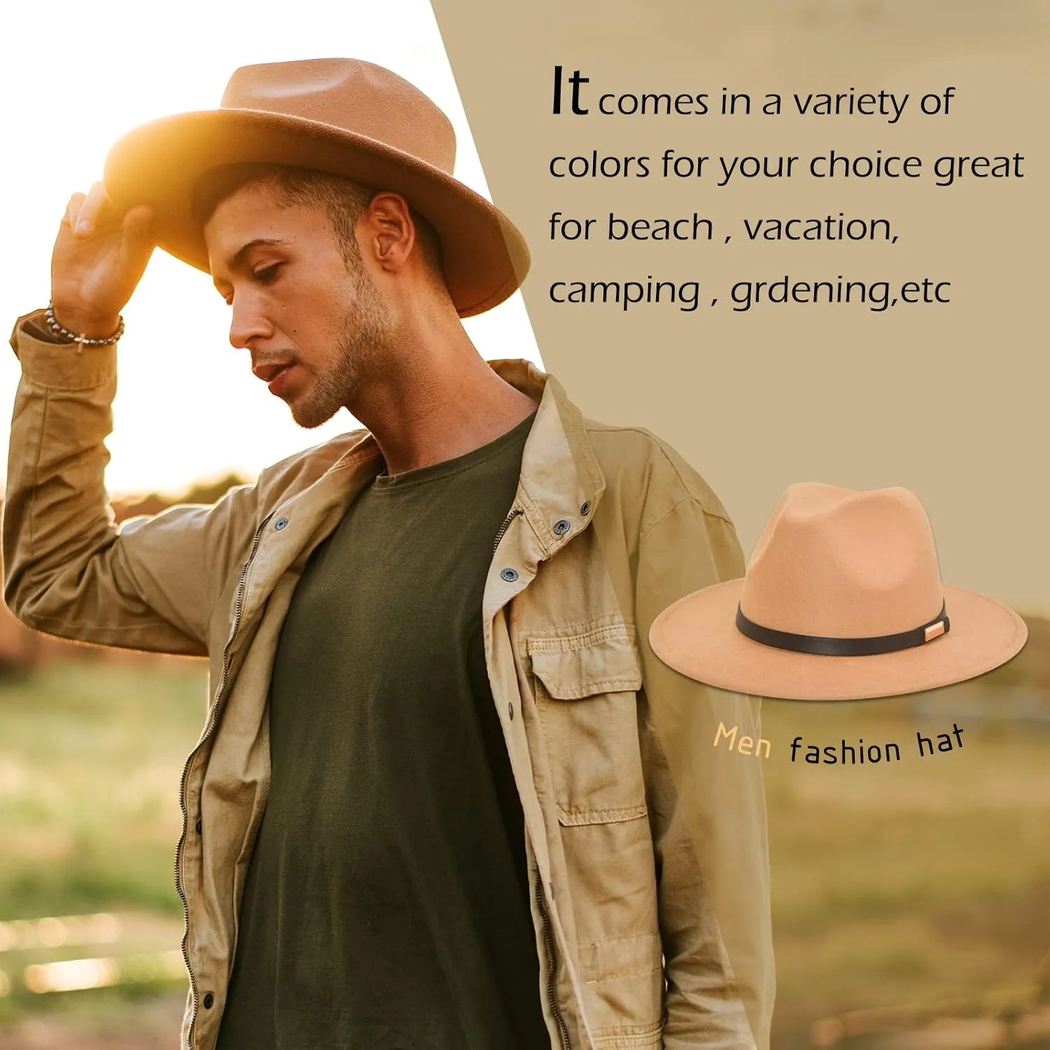 Gossifan Fedora Hats for Men Wide Brim Panama Hat with Classic Belt