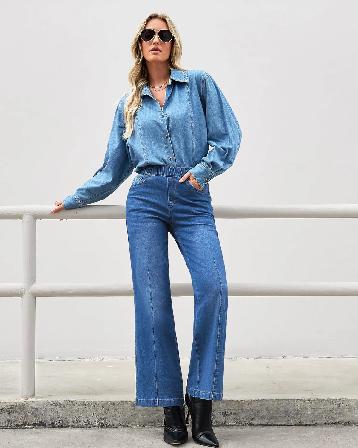 GRAPENT Pull On Womens Jeans Baggy Stretchy High Waisted Denim Wide Leg Trouser Pants Trendy Front Seam 90s Loose Jean