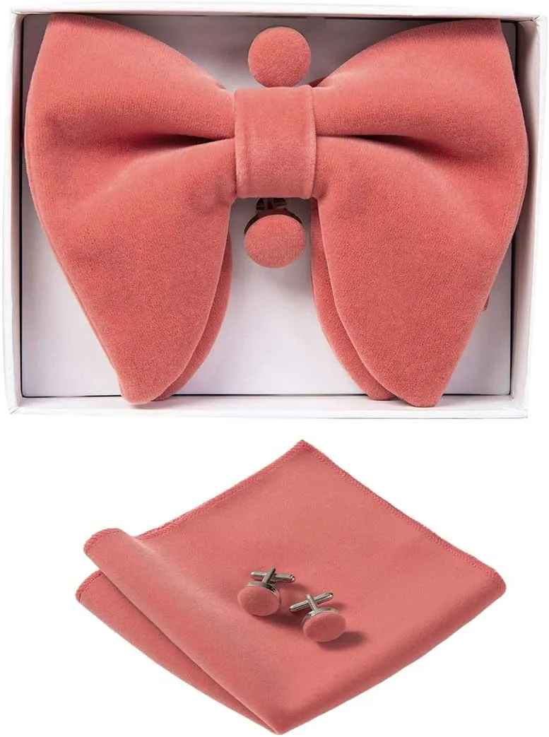 GUSLESON Mens Solid Plaid Velvet Pre-tied Adjustable Bow Tie and Pocket Square Cufflink Set with Gift Box