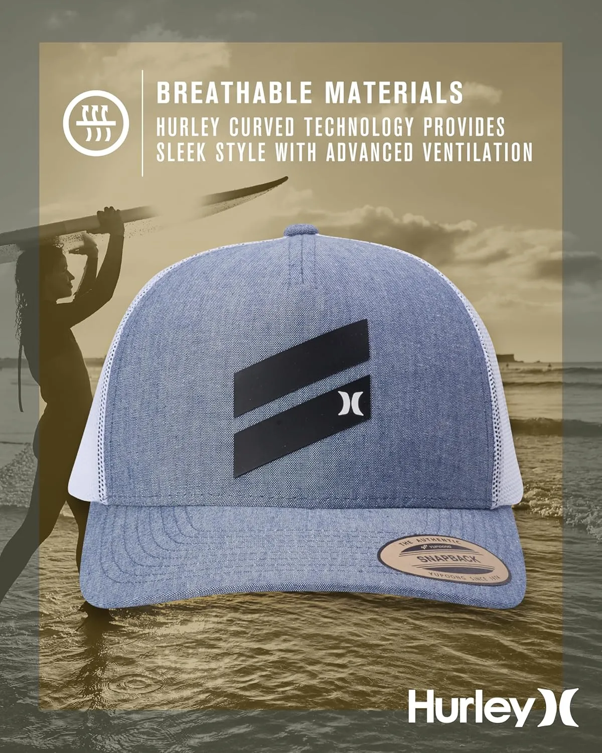 Hurley Men's Trucker Hat - Lightweight Breathable Poly Mesh Back Curved Bill Baseball Cap with Adjustable Snap Closure