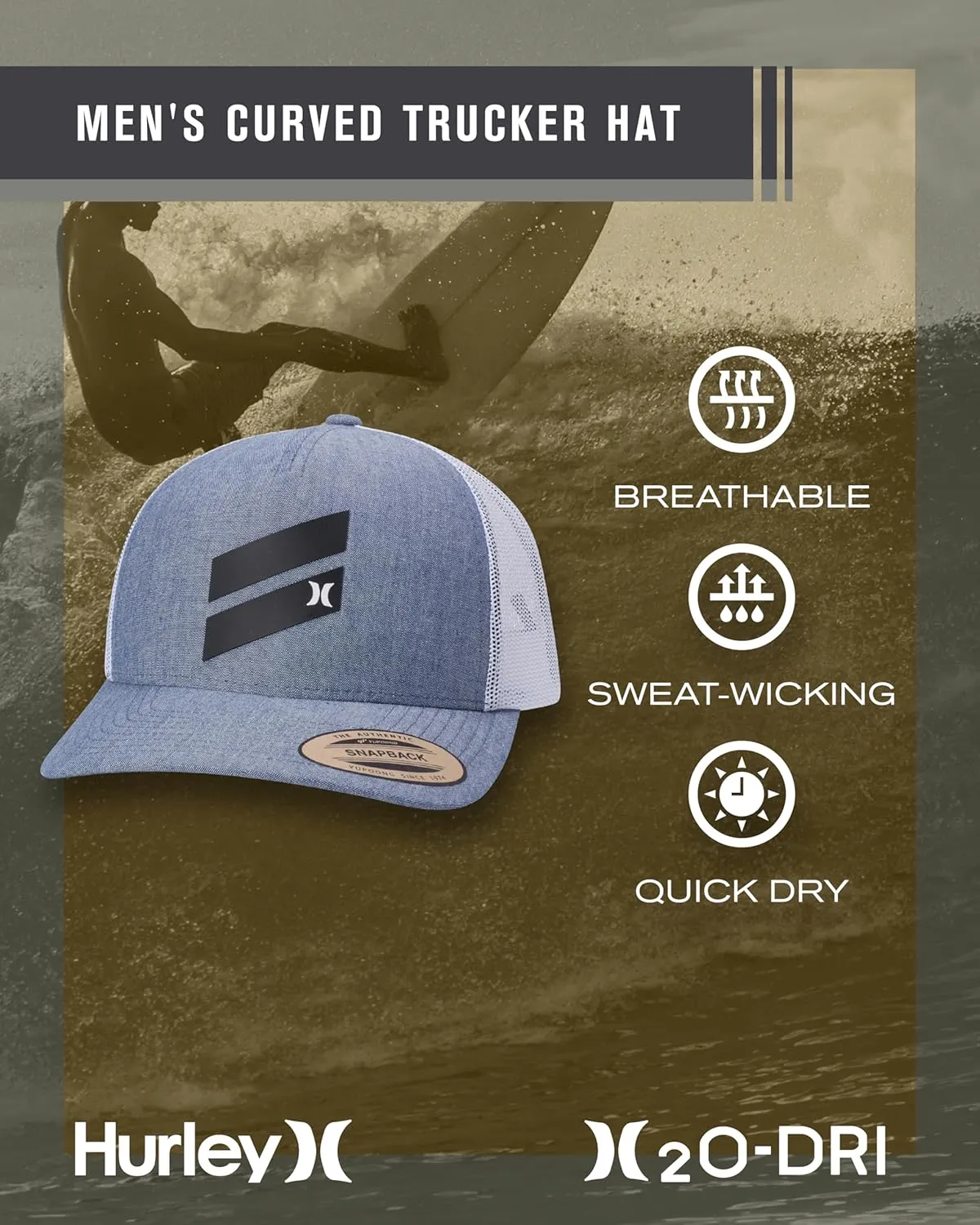 Hurley Men's Trucker Hat - Lightweight Breathable Poly Mesh Back Curved Bill Baseball Cap with Adjustable Snap Closure