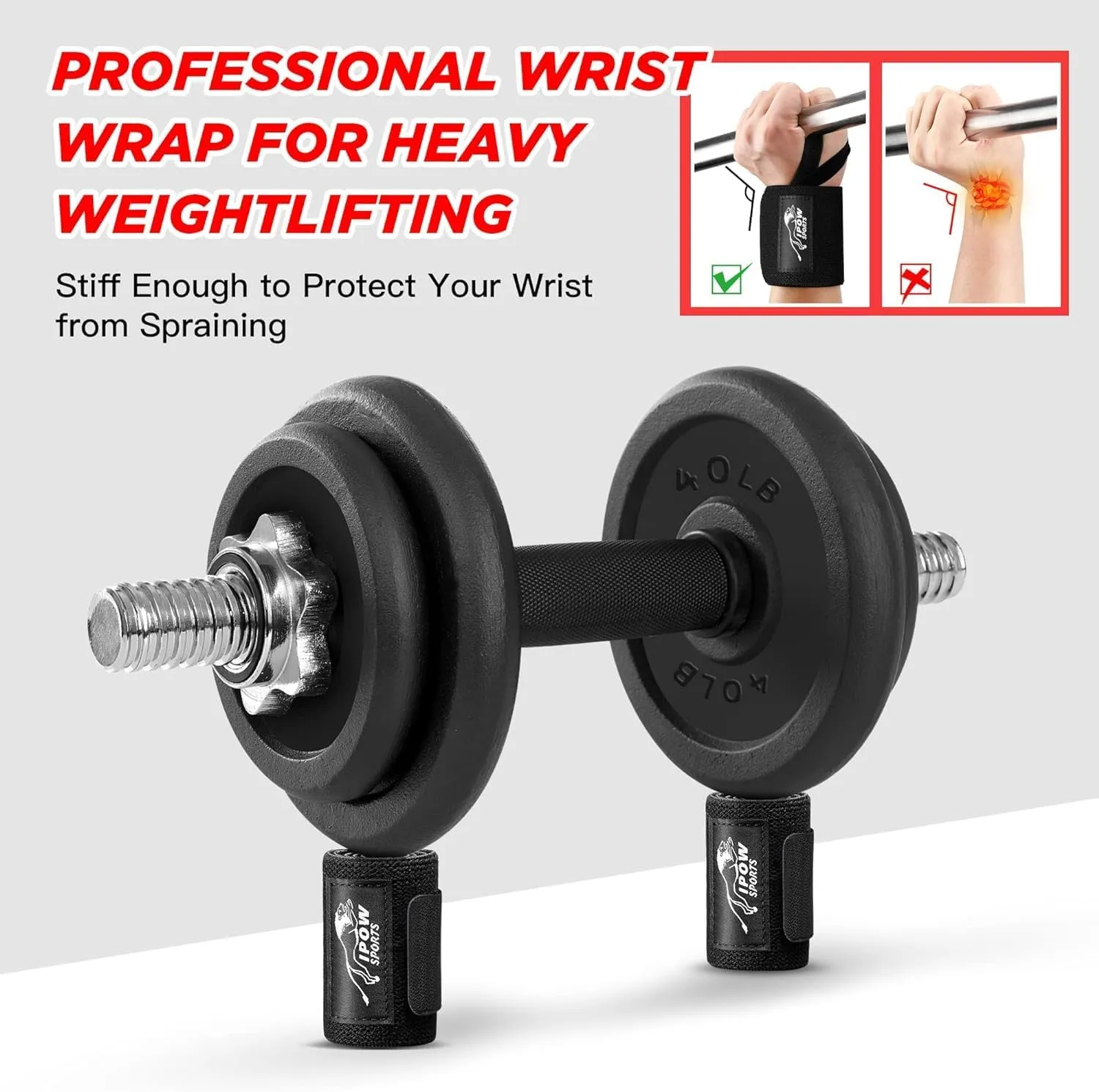 IPOW 18'' Professional Wrist Wraps for Weightlifting 2 Pack(IPF Approved), Heavy Duty Gym Wrist Straps for Working Out, Weight Lifting Wrist Brace for Men & Women, Wrist Support with Thumb Loop