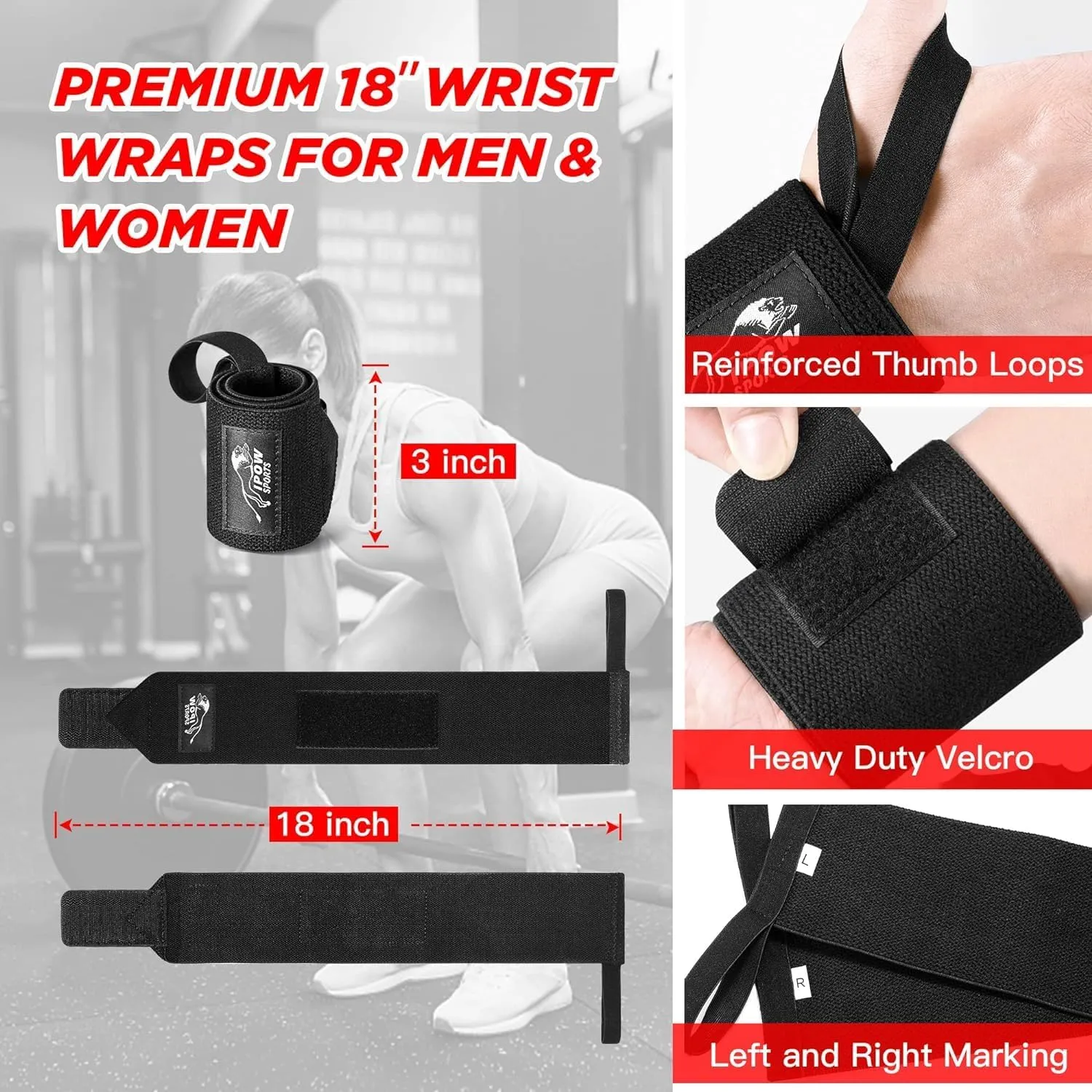 IPOW 18'' Professional Wrist Wraps for Weightlifting 2 Pack(IPF Approved), Heavy Duty Gym Wrist Straps for Working Out, Weight Lifting Wrist Brace for Men & Women, Wrist Support with Thumb Loop