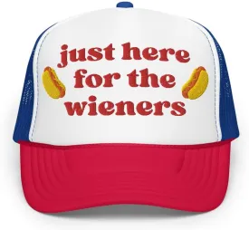 Just Here for The Wieners Foam Trucker Hat Embroidered 4th of July Baseball Hat Independence Day Gifts Funny Hot Dog Hats