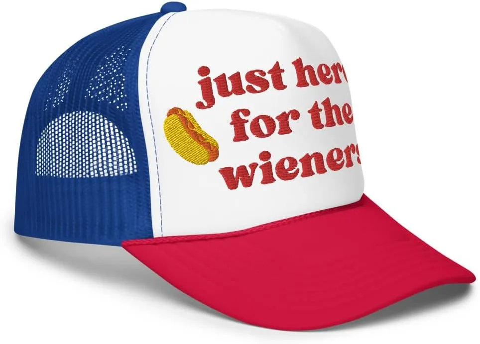 Just Here for The Wieners Foam Trucker Hat Embroidered 4th of July Baseball Hat Independence Day Gifts Funny Hot Dog Hats