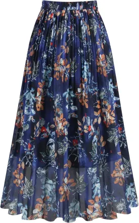 Kingfancy Women's Pleated Skirt Chiffon Elastic Waist A-Line Midi Length Skirt