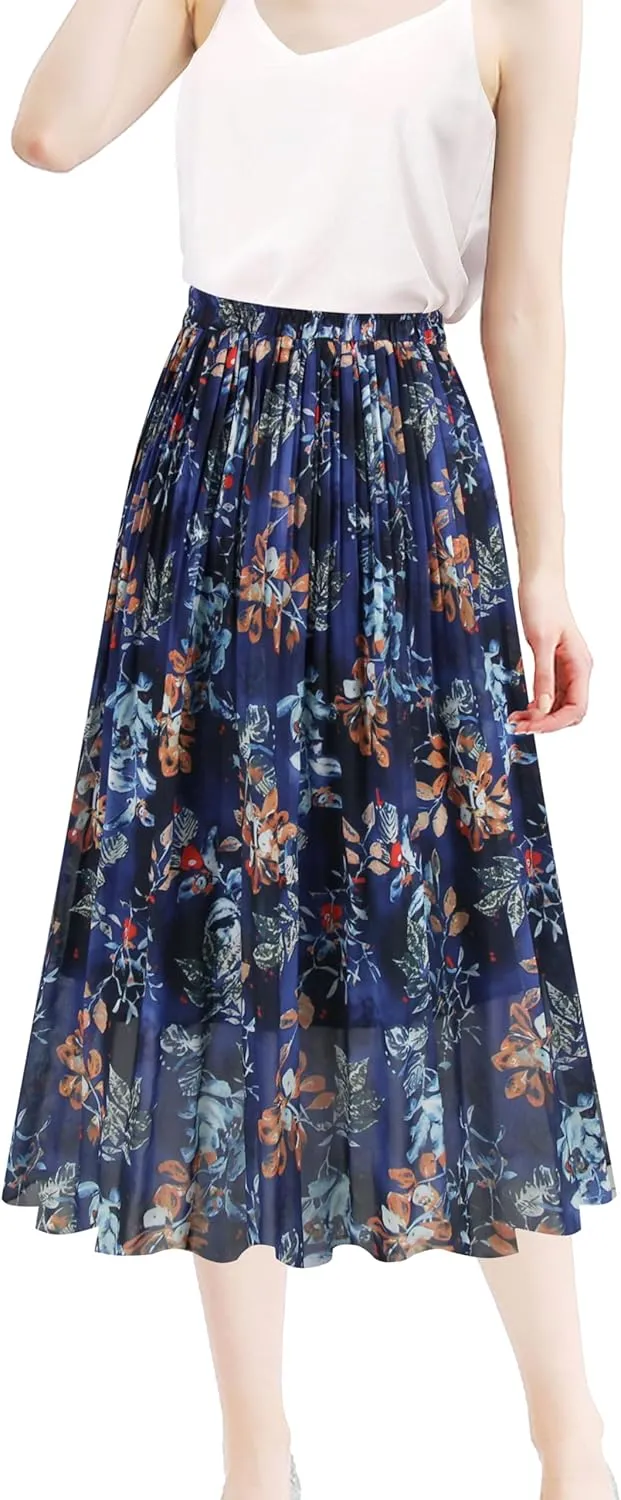 Kingfancy Women's Pleated Skirt Chiffon Elastic Waist A-Line Midi Length Skirt