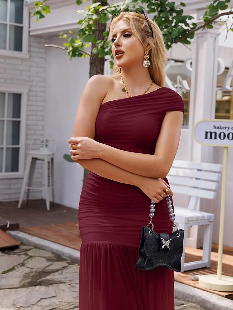 LAGSHIAN Women's Elegant Formal Long Dress One Shoulder Sleeveless Ruched Bodycon Evening Dress
