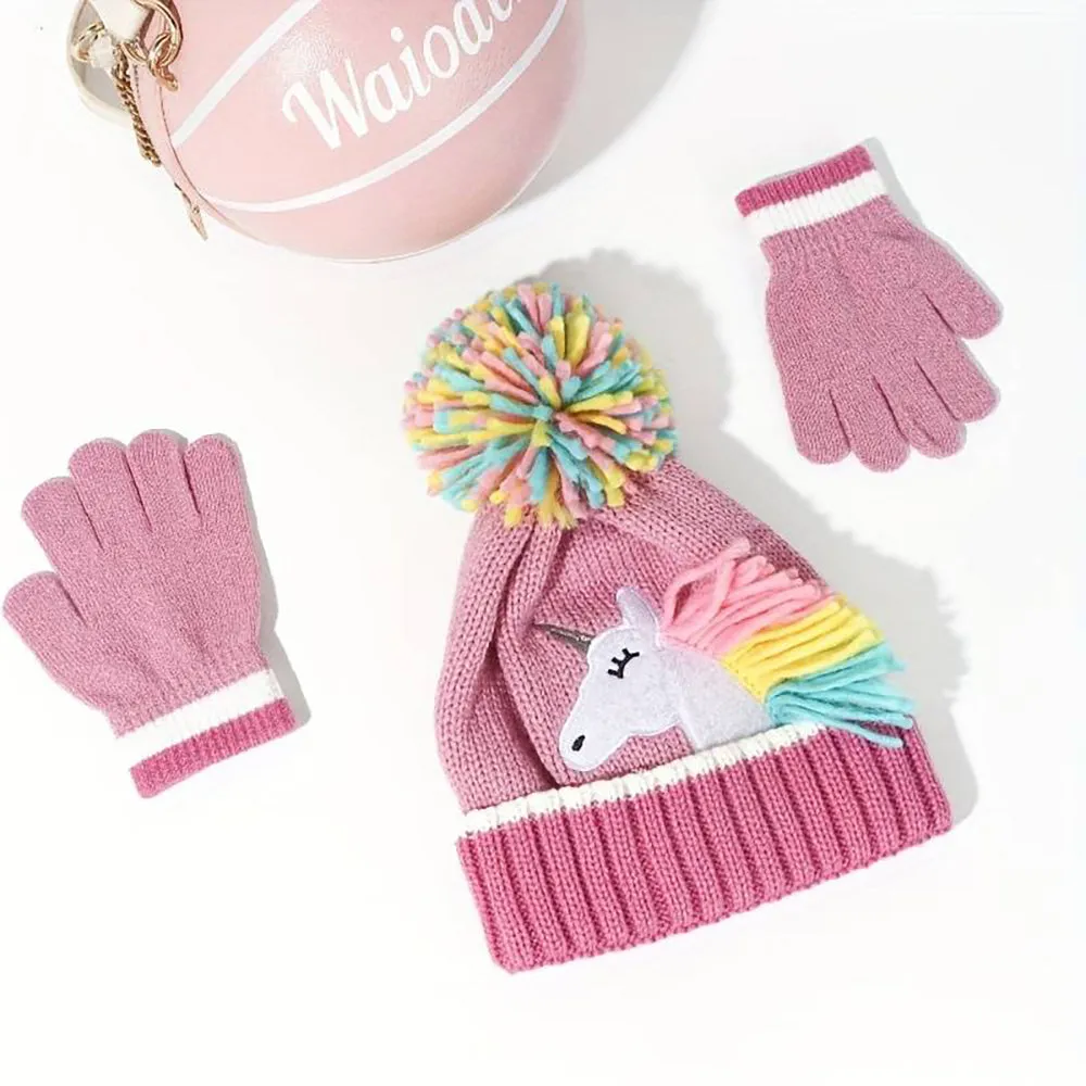 Little Surprise Box Muave Frill Unicorn Winter Cap Beanie & Matching Gloves, 2 pcs set, 3yrs- 8yrs