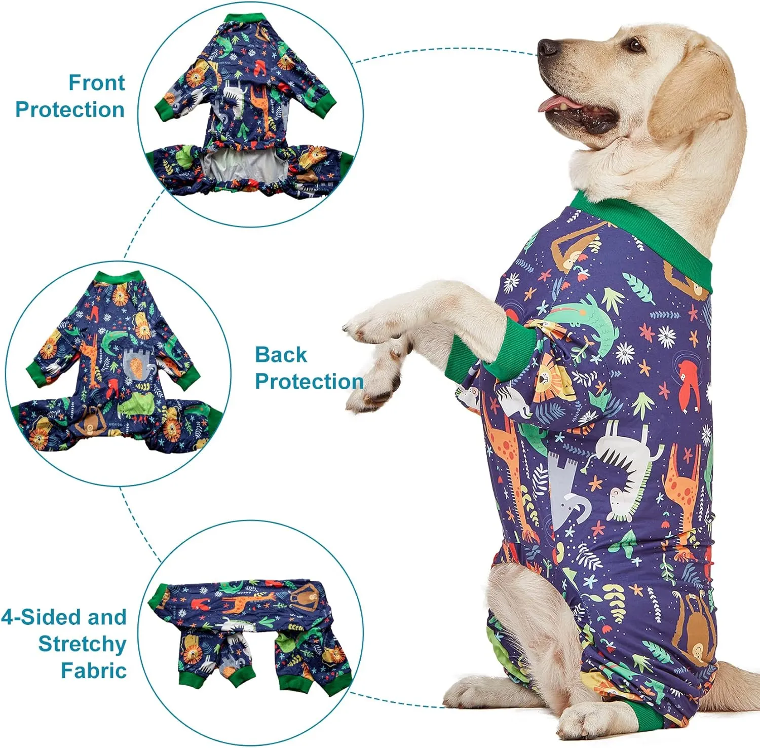 LovinPet Big Dog Outfits, Anti Licking, Dog Wound Care/Surgery Recovery Clothes, Lightweight Stretch Jersey Knit, Animal Kingdom Blue Print, Large Breed Greyhound Pajamas, Pet PJ's/Large