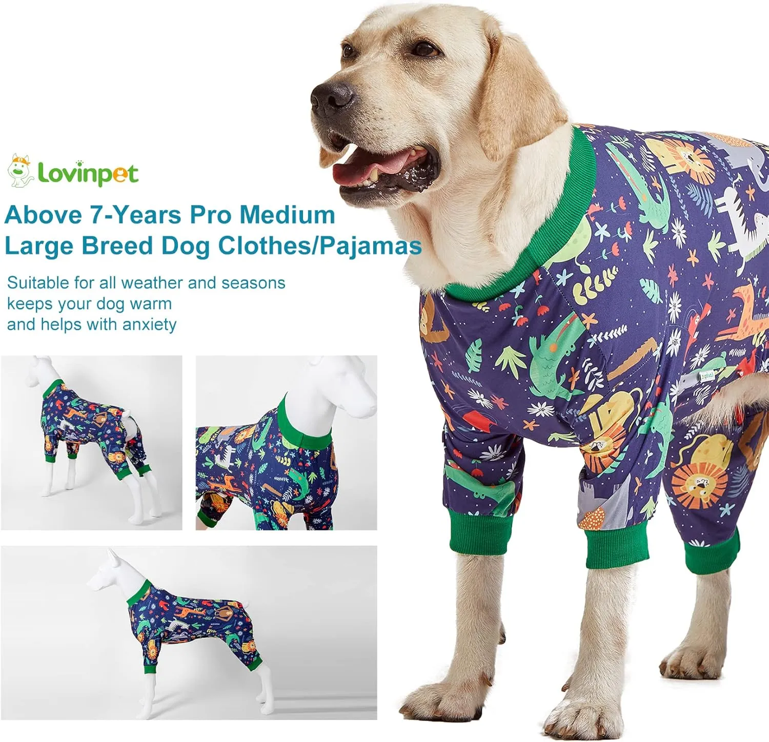 LovinPet Big Dog Outfits, Anti Licking, Dog Wound Care/Surgery Recovery Clothes, Lightweight Stretch Jersey Knit, Animal Kingdom Blue Print, Large Breed Greyhound Pajamas, Pet PJ's/Large