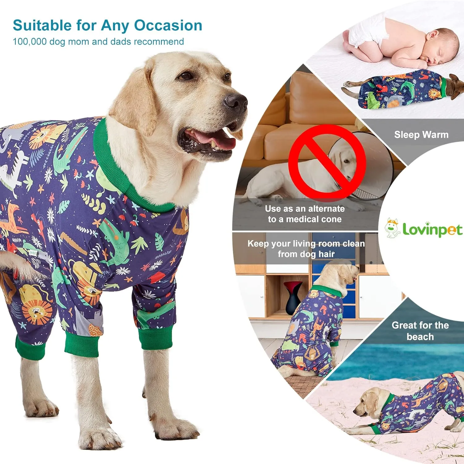 LovinPet Big Dog Outfits, Anti Licking, Dog Wound Care/Surgery Recovery Clothes, Lightweight Stretch Jersey Knit, Animal Kingdom Blue Print, Large Breed Greyhound Pajamas, Pet PJ's/Large