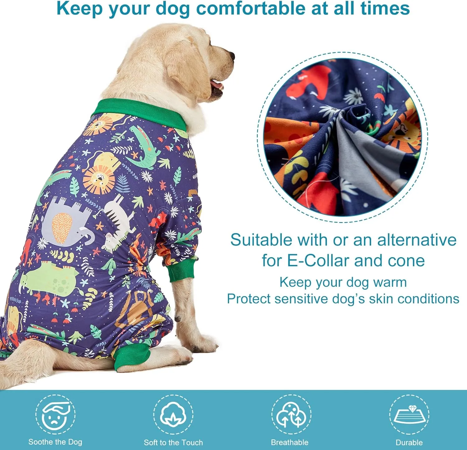 LovinPet Big Dog Outfits, Anti Licking, Dog Wound Care/Surgery Recovery Clothes, Lightweight Stretch Jersey Knit, Animal Kingdom Blue Print, Large Breed Greyhound Pajamas, Pet PJ's/Large