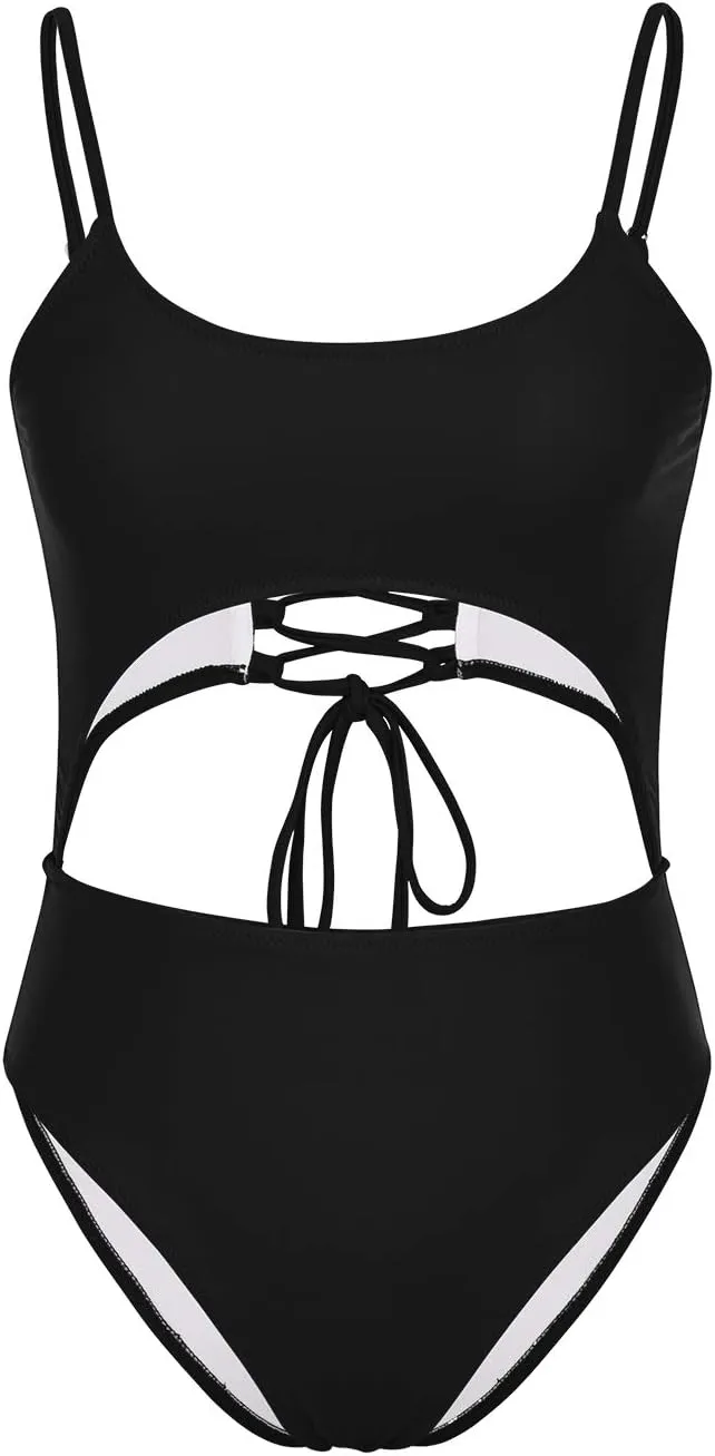 Meyeeka Womens Scoop Neck Cut Out Front Lace Up Back High Cut Monokini One Piece Swimsuit