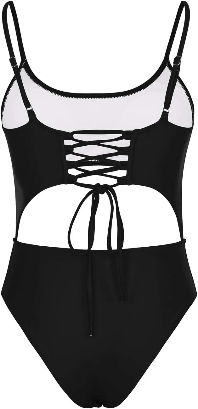Meyeeka Womens Scoop Neck Cut Out Front Lace Up Back High Cut Monokini One Piece Swimsuit