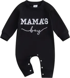 Newborn Baby Boy Fall Outfit Mamas Boy Embroidery Jumpsuit Long Sleeve Crewneck Romper Infant Boy Winter Clothes