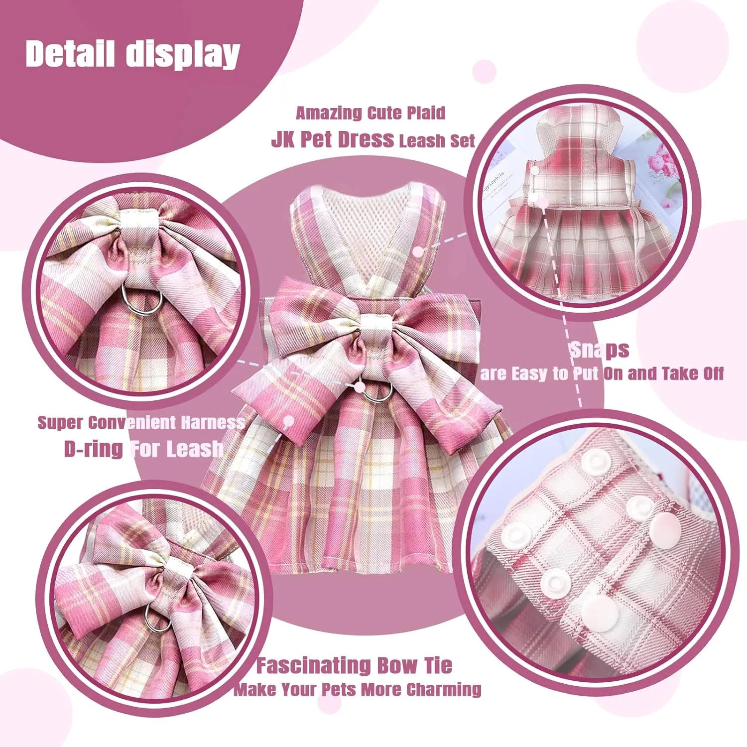 PETCARE Plaid Dog Dress Bow Tie Harness Leash Set for Small Dogs Cats Girl Cute Princess Dog Dresses Spring Summer Puppy Bunny Rabbit Clothes Chihuahua Yorkies Pet Outfits