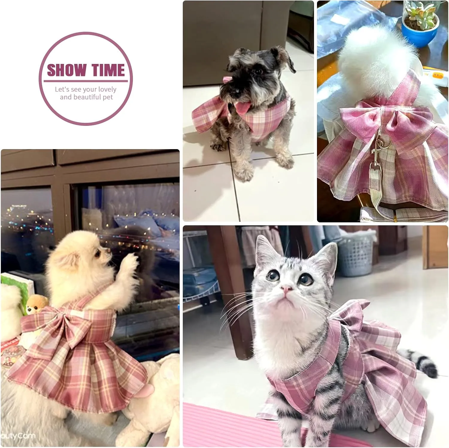 PETCARE Plaid Dog Dress Bow Tie Harness Leash Set for Small Dogs Cats Girl Cute Princess Dog Dresses Spring Summer Puppy Bunny Rabbit Clothes Chihuahua Yorkies Pet Outfits