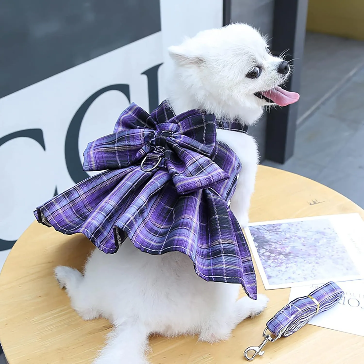 PETCARE Plaid Dog Dress Bow Tie Harness Leash Set for Small Dogs Cats Girl Cute Princess Dog Dresses Spring Summer Puppy Bunny Rabbit Clothes Chihuahua Yorkies Pet Outfits