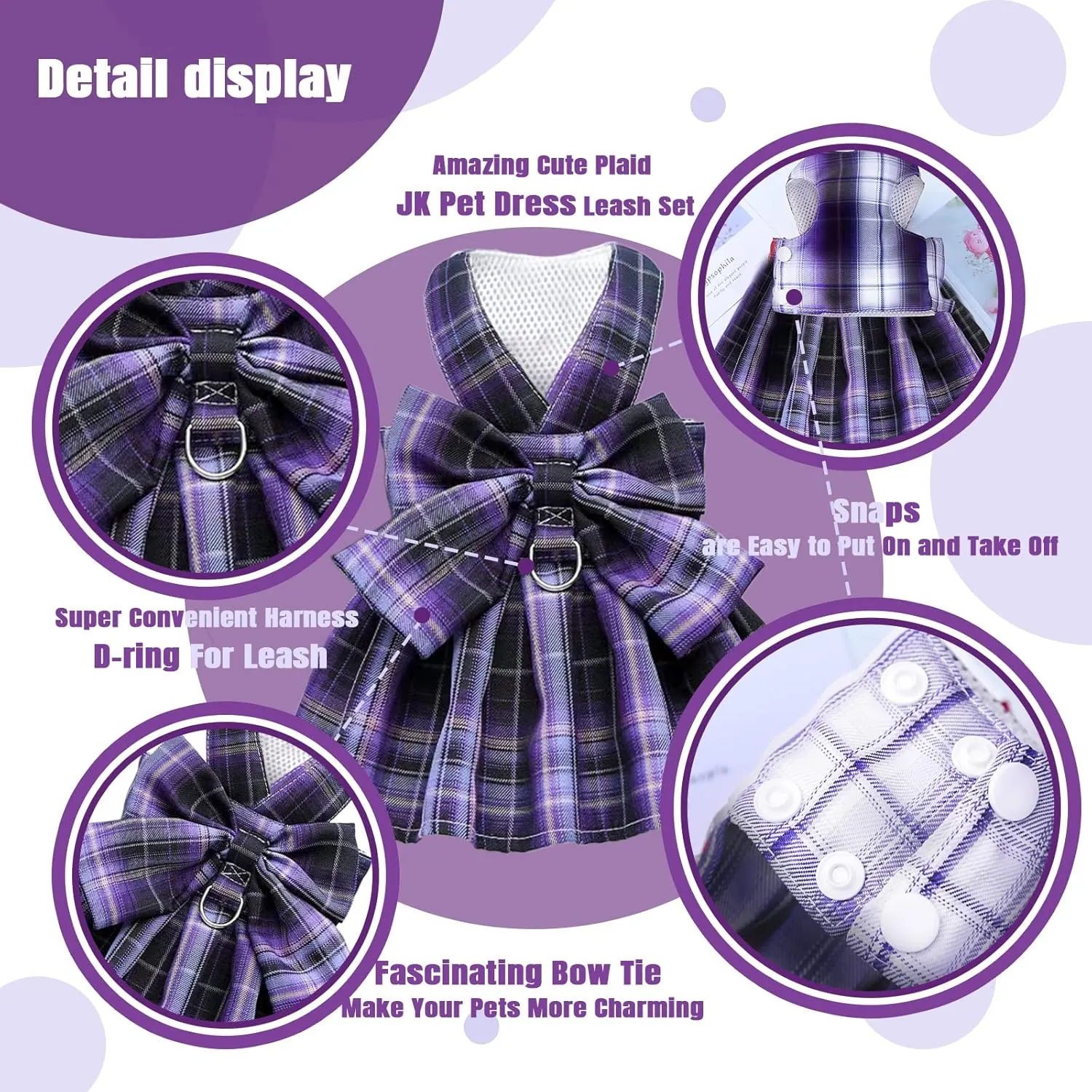 PETCARE Plaid Dog Dress Bow Tie Harness Leash Set for Small Dogs Cats Girl Cute Princess Dog Dresses Spring Summer Puppy Bunny Rabbit Clothes Chihuahua Yorkies Pet Outfits