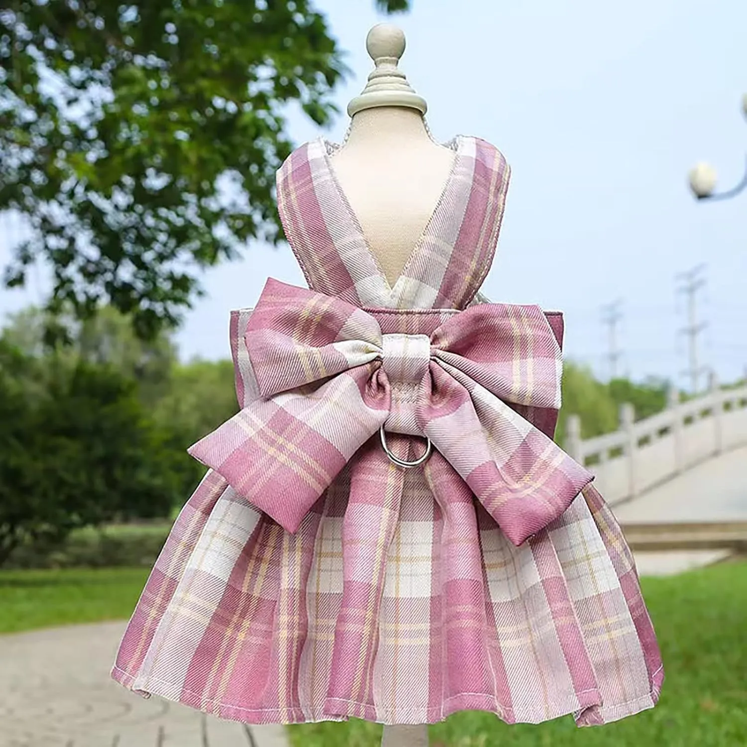 PETCARE Plaid Dog Dress Bow Tie Harness Leash Set for Small Dogs Cats Girl Cute Princess Dog Dresses Spring Summer Puppy Bunny Rabbit Clothes Chihuahua Yorkies Pet Outfits