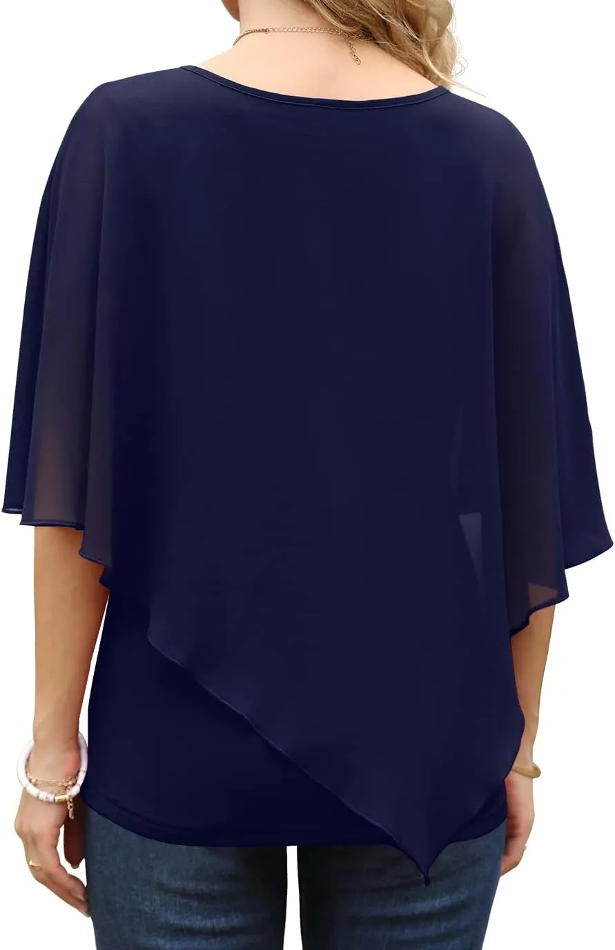 QIXING Women's Summer Casual Loose Chiffon Flowy Tops Elegant Blouses