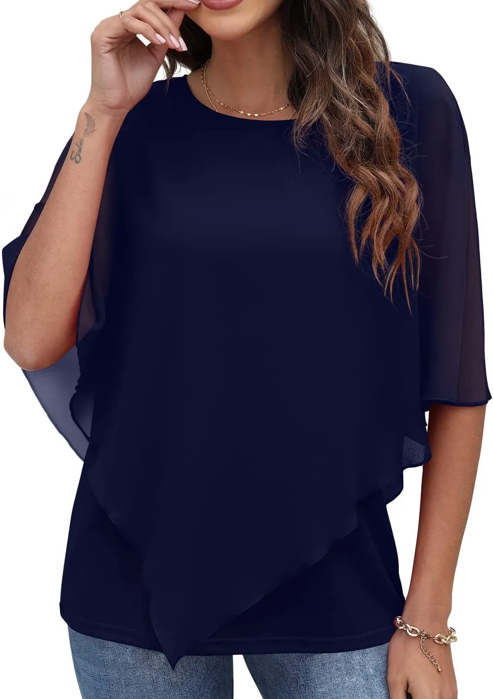 QIXING Women's Summer Casual Loose Chiffon Flowy Tops Elegant Blouses