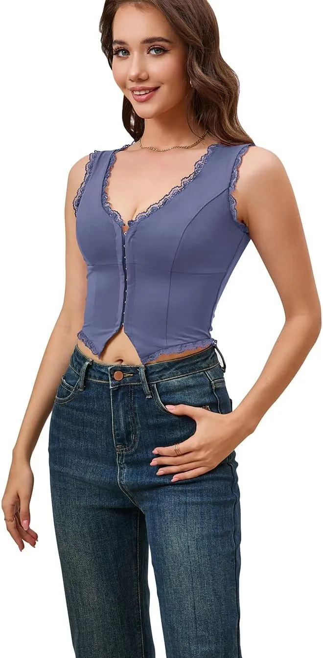Sexy Lace Top for Women Summer V Neck Sleeveless Y2K Going Out Corset Tank Tops