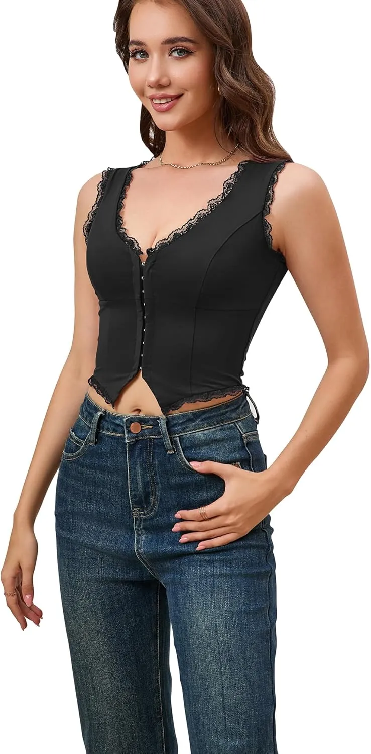 Sexy Lace Top for Women Summer V Neck Sleeveless Y2K Going Out Corset Tank Tops