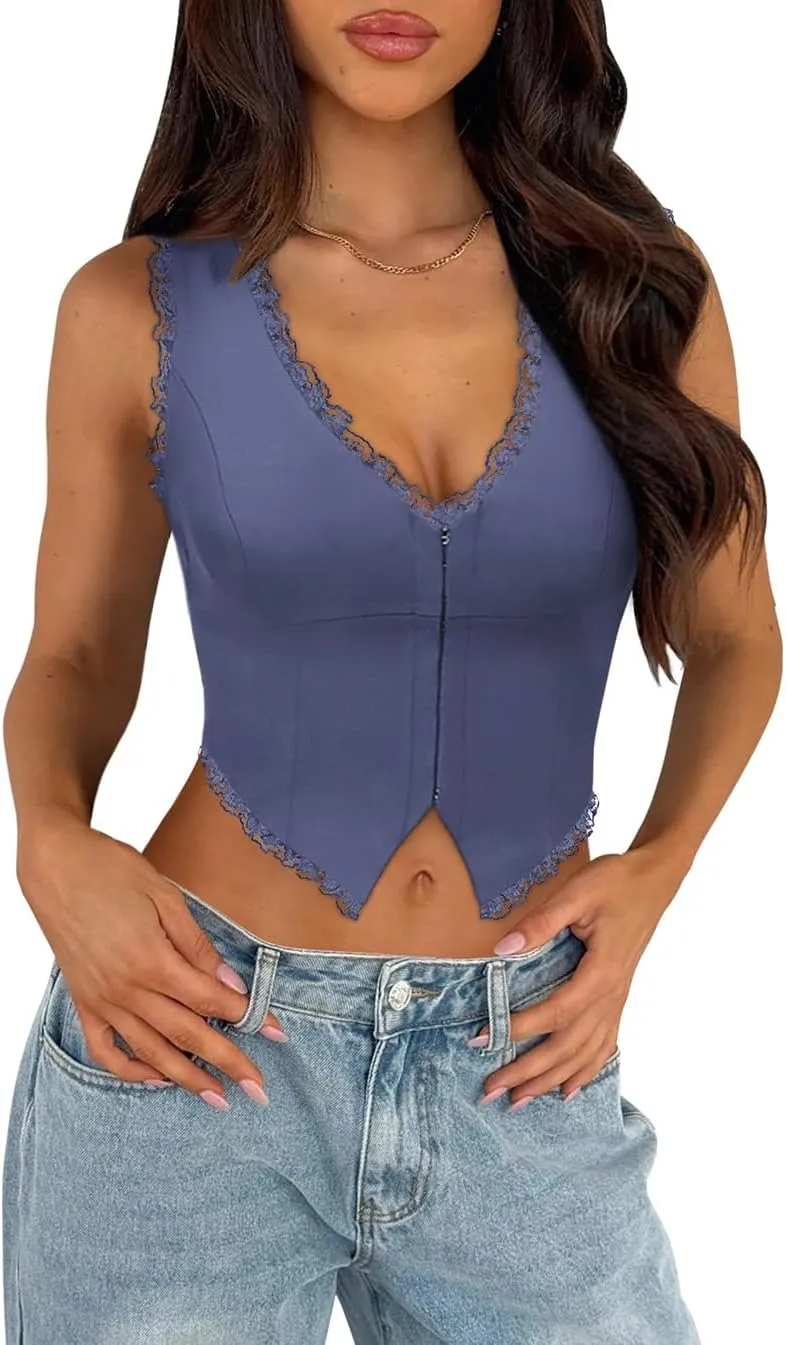 Sexy Lace Top for Women Summer V Neck Sleeveless Y2K Going Out Corset Tank Tops