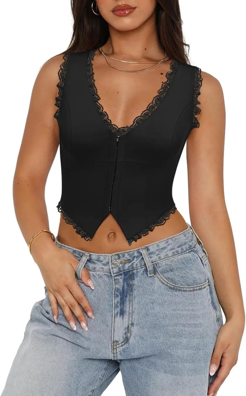 Sexy Lace Top for Women Summer V Neck Sleeveless Y2K Going Out Corset Tank Tops
