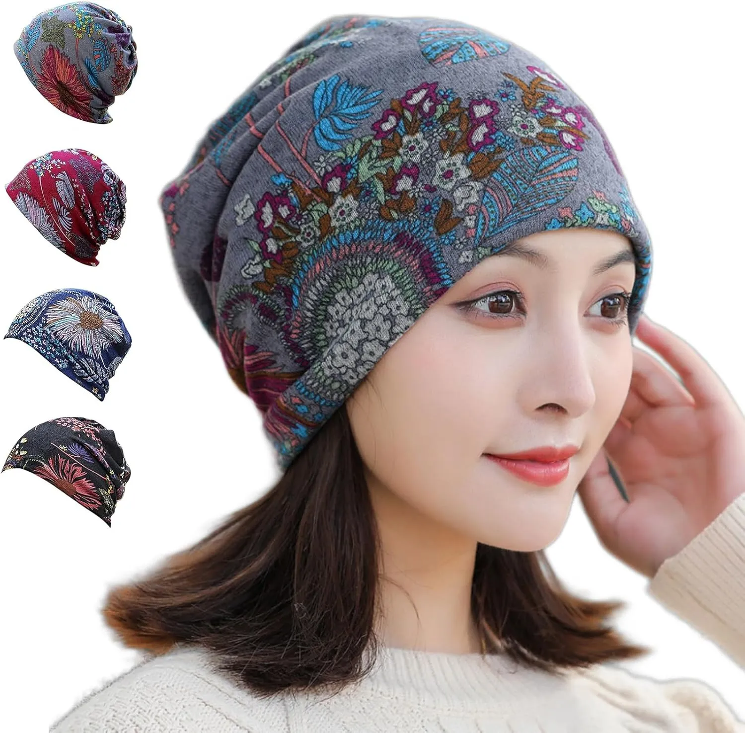 Stretchy Chemo Hat (4 Pack)  Multi-Purpose Breathable Ultra Soft Touching Slouchy Beanie Ponytail-Friendly Comfortable Cancer Headwear Cap