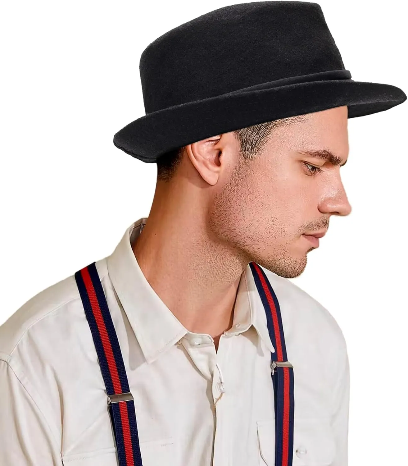Unisex Classic Manhattan-Gangster-Fedora-Hat Short-Brim Trilby Hat - Women Men Wool Felt Winter Structured Hat with Band(S/M)