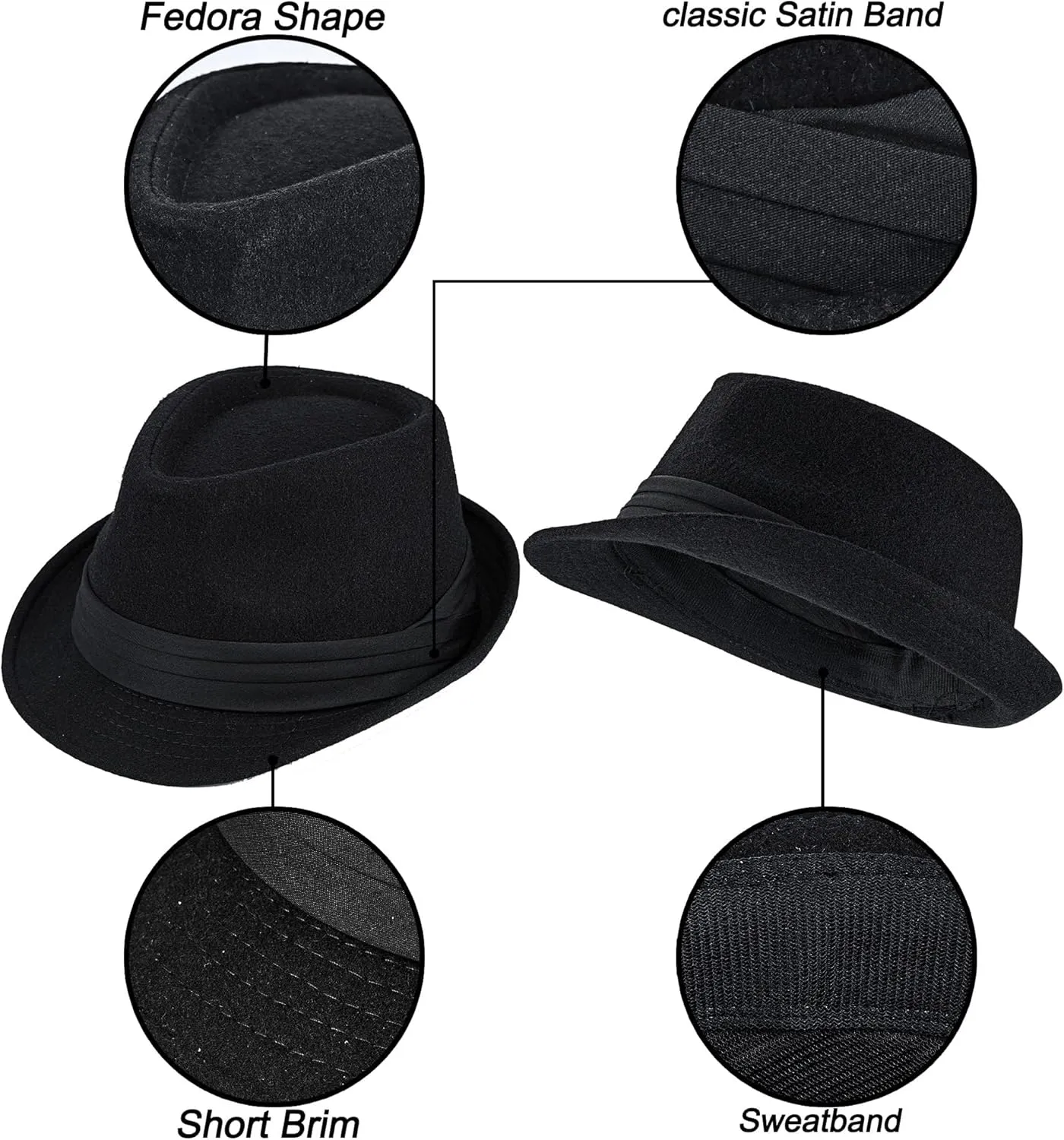 Unisex Classic Manhattan-Gangster-Fedora-Hat Short-Brim Trilby Hat - Women Men Wool Felt Winter Structured Hat with Band(S/M)