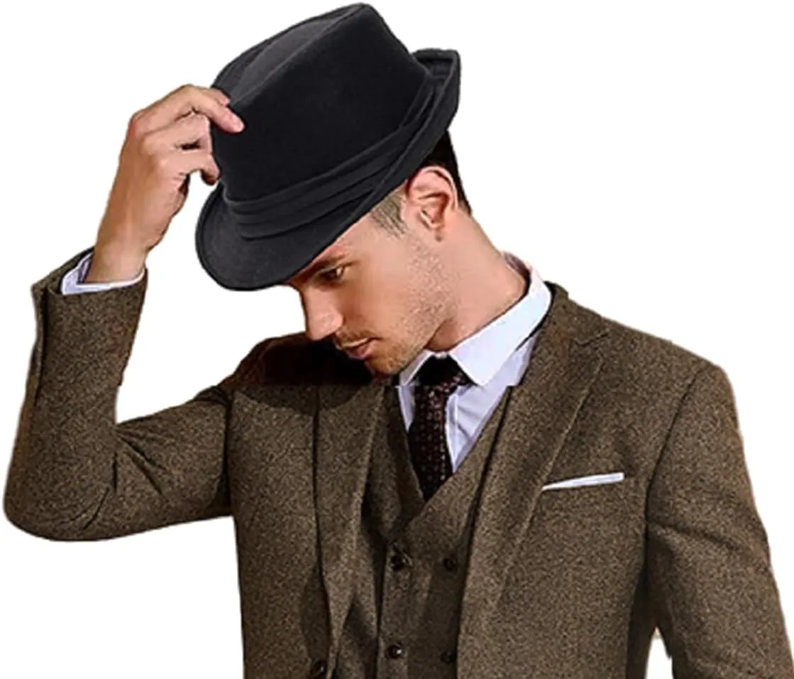 Unisex Classic Manhattan-Gangster-Fedora-Hat Short-Brim Trilby Hat - Women Men Wool Felt Winter Structured Hat with Band(S/M)